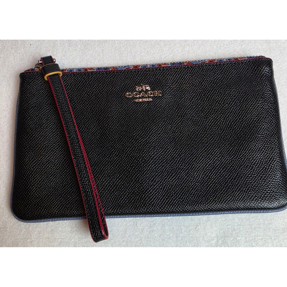 Coach Black Crossgrain Leather Wristlet with Floral Trim and Red Edge Paint